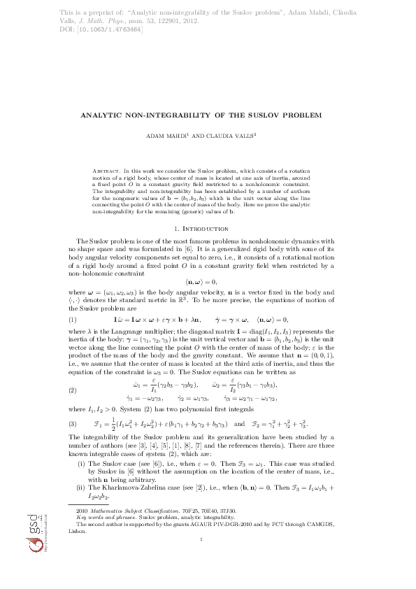 (PDF) Analytic non-integrability of the Suslov problem | Adam Mahdi ...