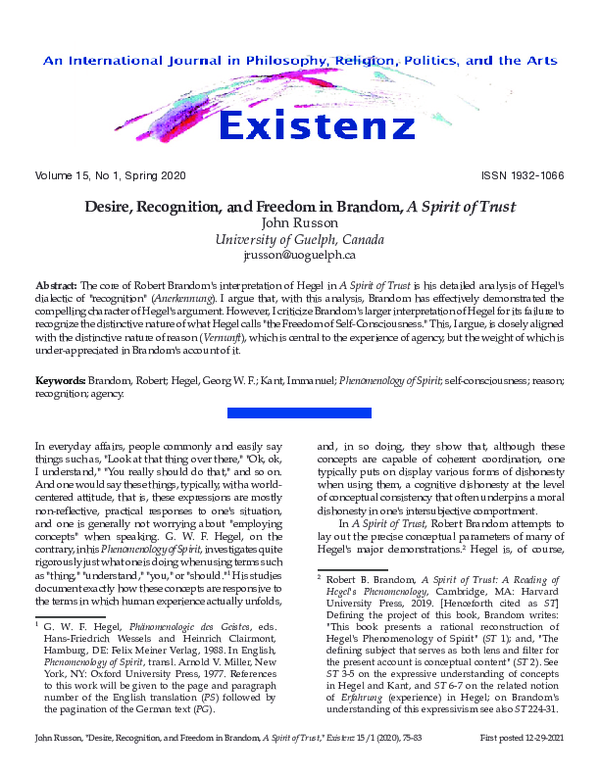 (PDF) Desire, Recognition, and Freedom in Brandom, *A Spirit of Trust*