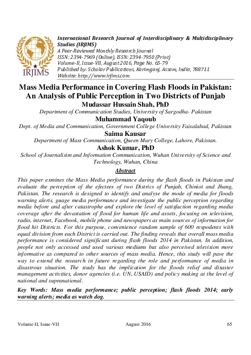  PDF Mass Media Performance In Covering Flash Floods In Pakistan An Analysis Of Public 