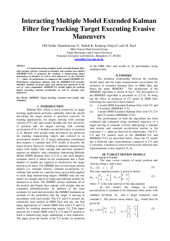 (PDF) Interacting Multiple Model Extended Kalman Filter for Tracking ...