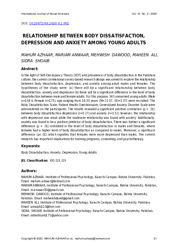 (PDF) Relationship Between Body Dissatisfaction, Depression and Anxiety ...