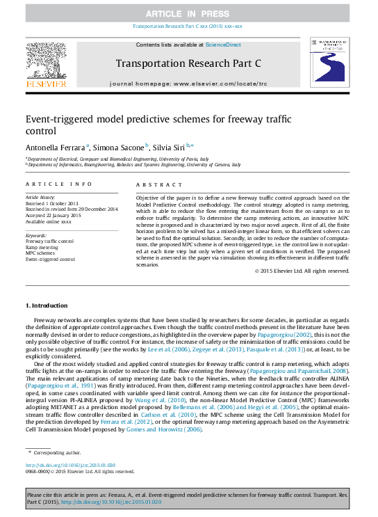 (PDF) Event-triggered model predictive schemes for freeway traffic control