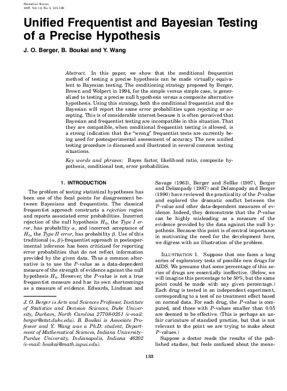 (PDF) Unified frequentist and Bayesian testing of a precise hypothesis