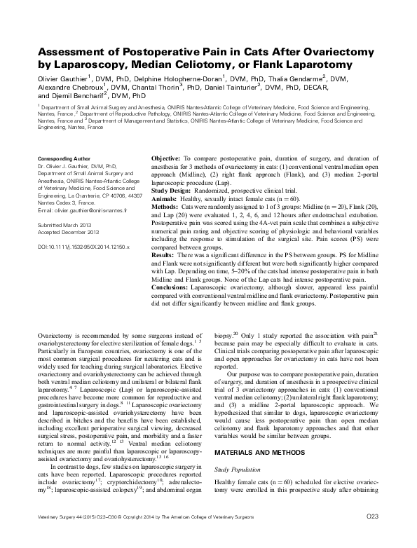 (PDF) Assessment of Postoperative Pain in Cats After Ovariectomy by ...