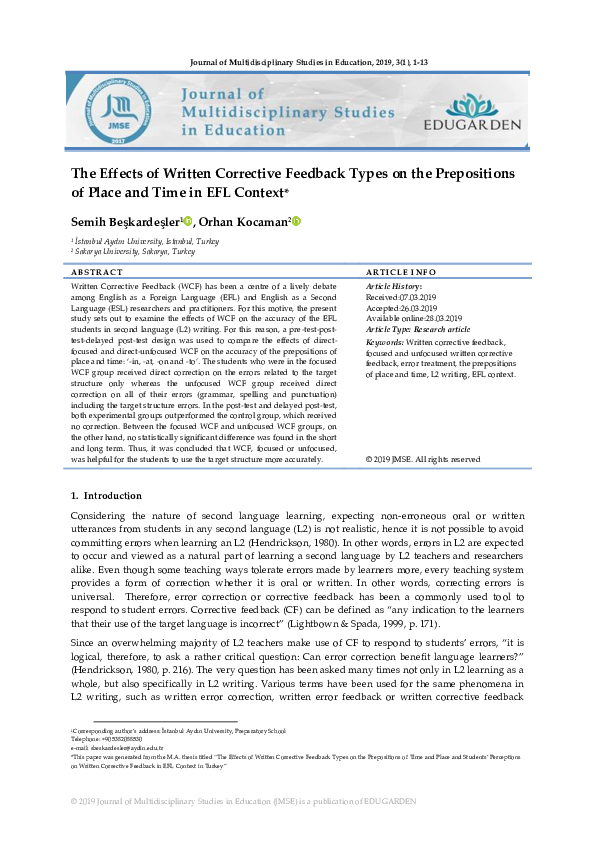 (PDF) The Effects of Written Corrective Feedback Types on the ...