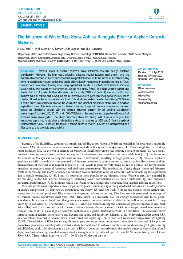 (PDF) The Influence of Waste Rice Straw Ash as Surrogate Filler for ...