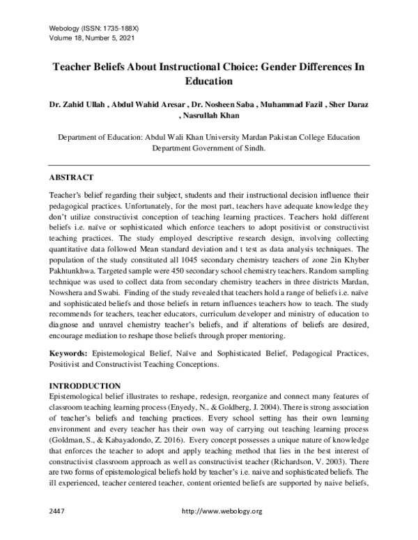 (PDF) Teacher Beliefs About Instructional Choice: Gender Differences In ...