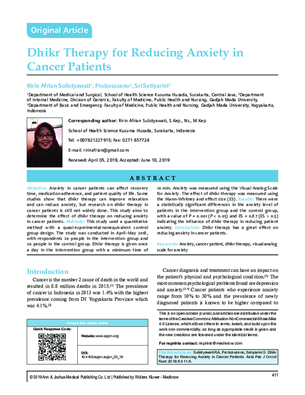 (PDF) Dhikr Therapy for Reducing Anxiety in Cancer Patients