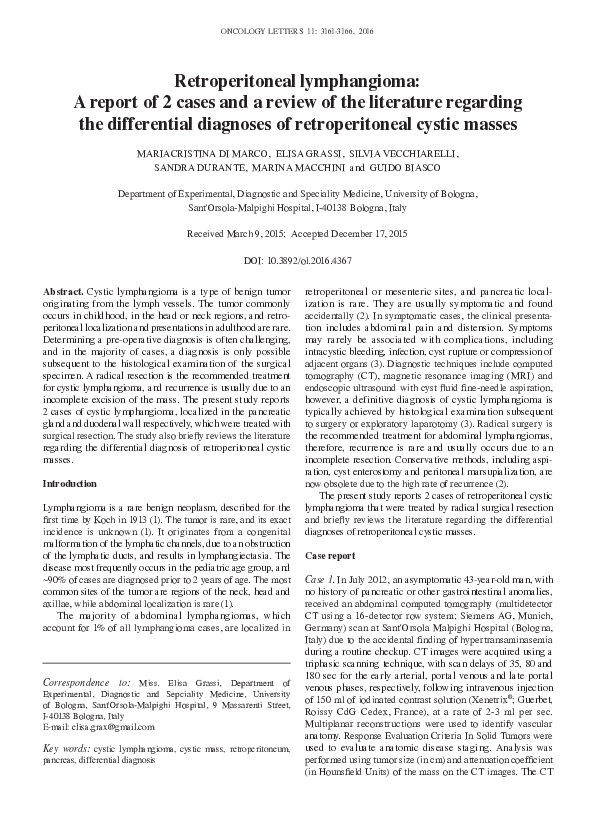 (PDF) Retroperitoneal lymphangioma A report of 2 cases and a review of