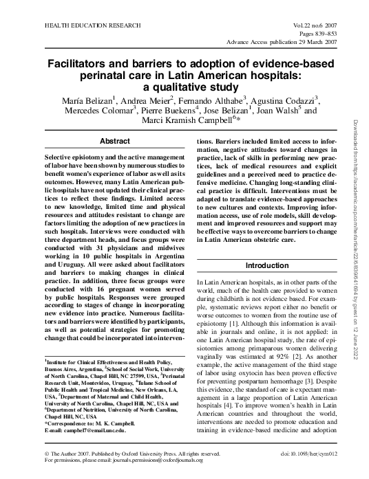 (PDF) Facilitators and barriers to adoption of evidence-based perinatal ...