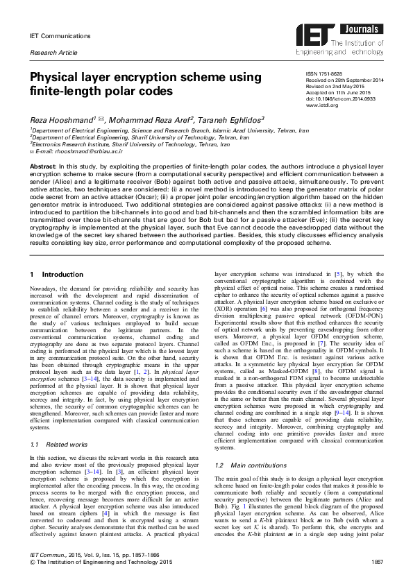 (PDF) Physical layer encryption scheme using finite‐length polar codes