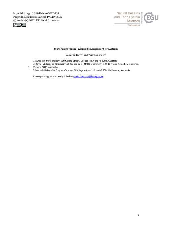 (PDF) Multi-hazard Tropical Cyclone Risk Assessment for Australia