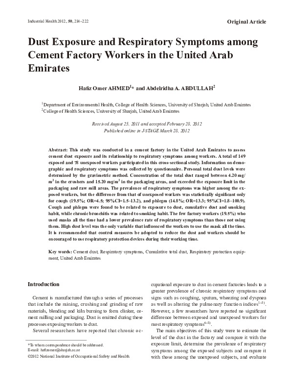 (PDF) Dust Exposure and Respiratory Symptoms among Cement Factory Workers in the United Arab