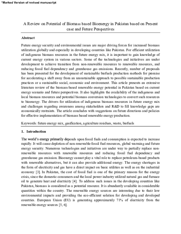 (PDF) Potential of biomass for bioenergy in Pakistan based on present ...