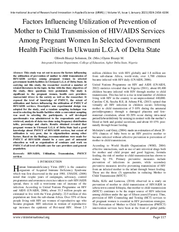 (PDF) Factors Influencing Utilization of Prevention of Mother to Child ...