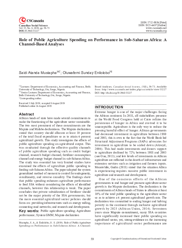 (PDF) Role of Public Agriculture Spending on Performance in sub-Saharan ...