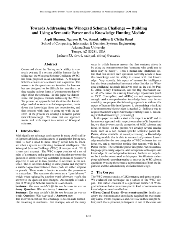 (PDF) Towards Addressing the Winograd Schema Challenge - Building and ...