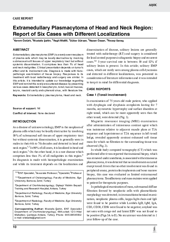 (PDF) Extramedullary Plasmacytoma of Head and Neck Region: Report of ...