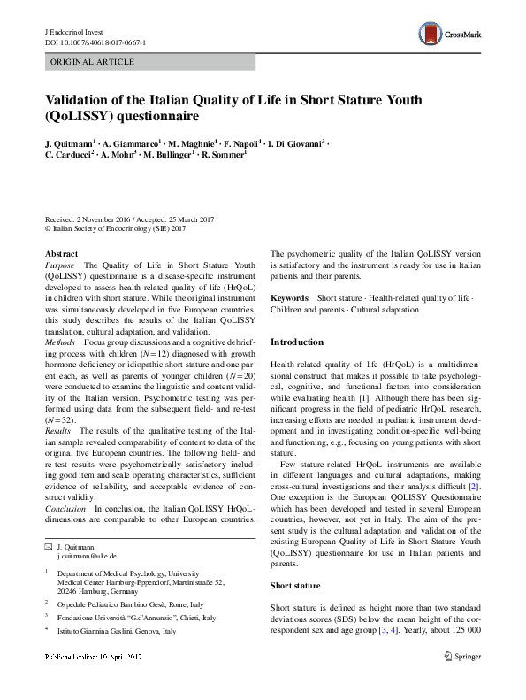 (PDF) Validation of the Italian Quality of Life in Short Stature Youth ...