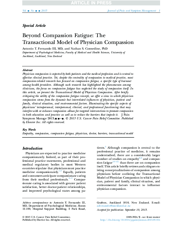 (PDF) Beyond Compassion Fatigue: The Transactional Model of Physician ...