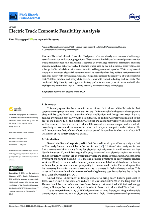 (PDF) Electric Truck Economic Feasibility Analysis