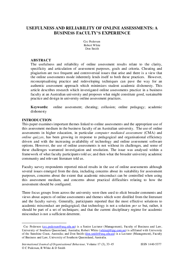 (PDF) Usefulness and reliability of online assessments: a Business ...