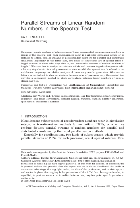 (PDF) Parallel streams of linear random numbers in the spectral test