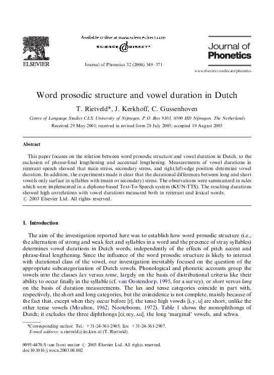 (PDF) Word prosodic structure and vowel duration in Dutch
