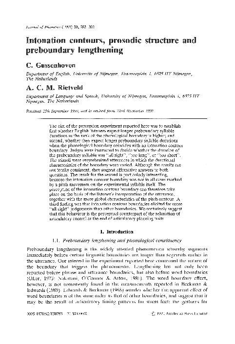 (PDF) Intonation contours, prosodic structure and preboundary lengthening