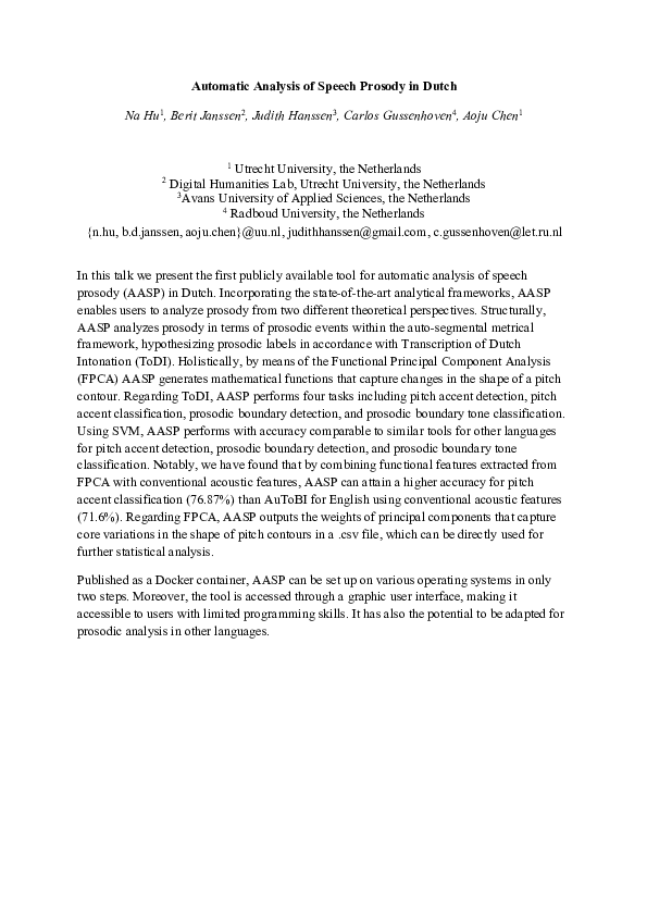 (PDF) Automatic Analysis of Speech Prosody in Dutch