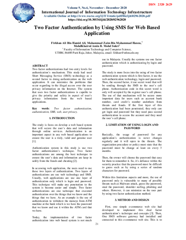 (PDF) Two Factor Authentication by Using SMS for Web Based Application