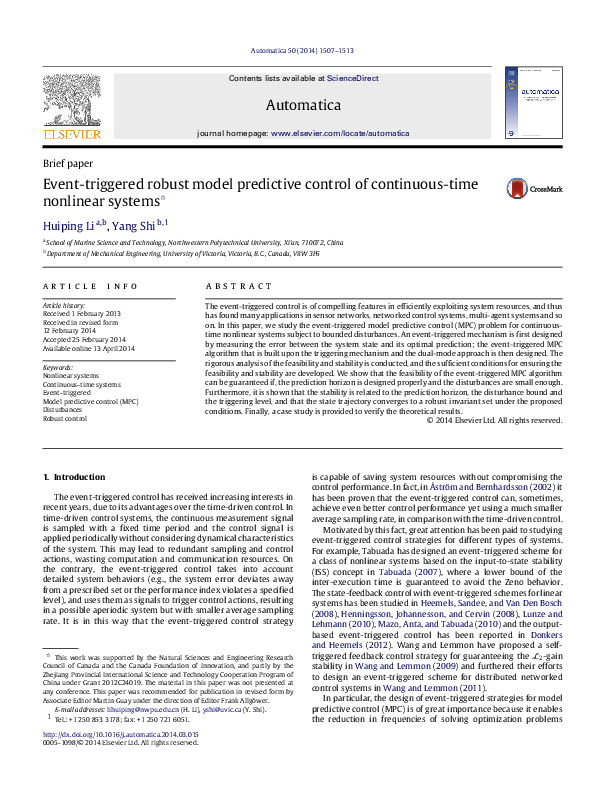 (PDF) Event-triggered robust model predictive control of continuous ...