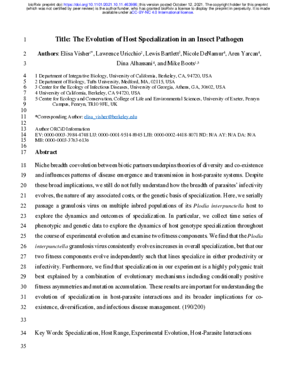(PDF) The Evolution of Host Specialization in an Insect Pathogen