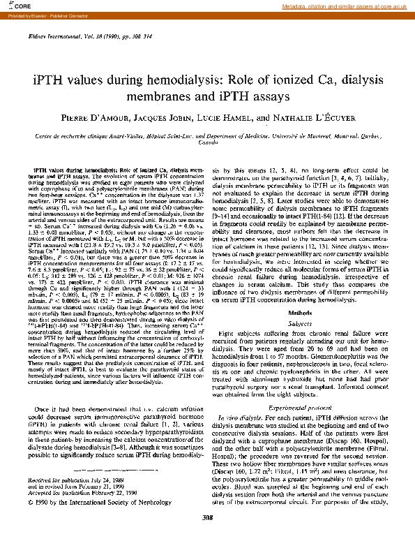 (PDF) iPTH values during hemodialysis: Role of ionized Ca, dialysis ...