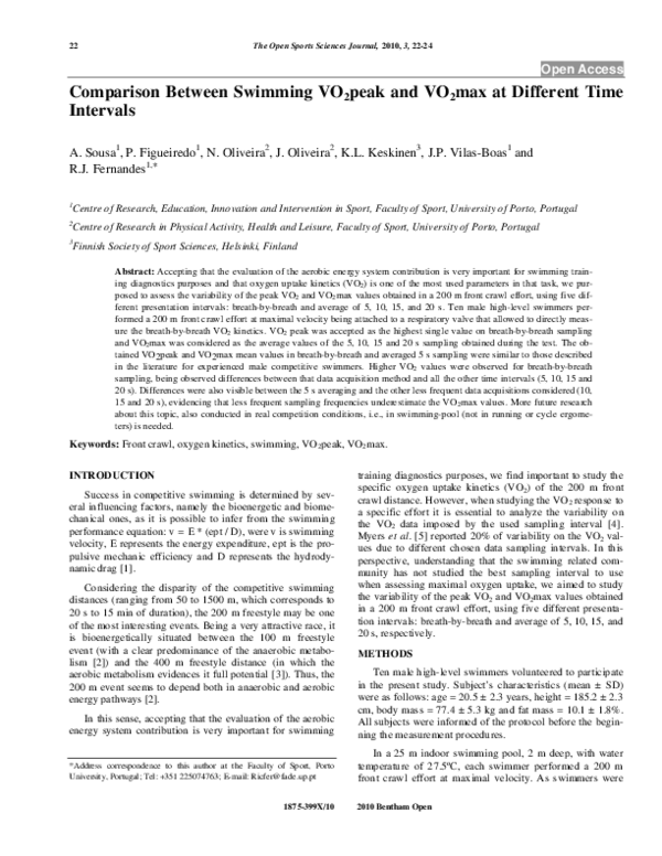 (PDF) Comparison Between Swimming VO2peak and VO2max at Different Time Intervals João Vilas