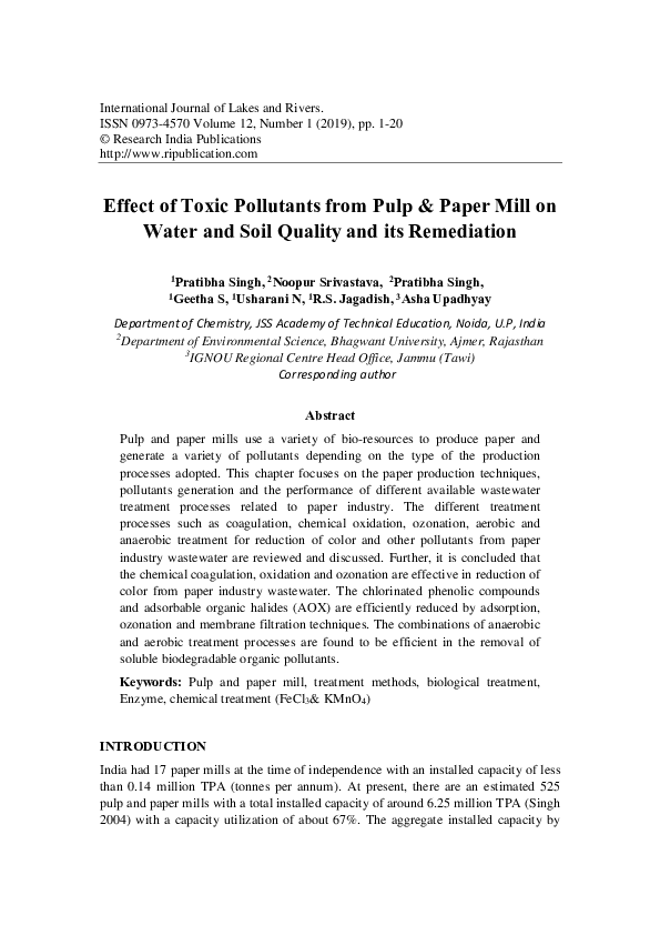 (PDF) Effect of Toxic Pollutants from Pulp & Paper Mill on Water and ...