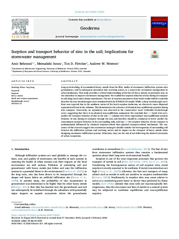 (PDF) Sorption and transport behavior of zinc in the soil; Implications ...