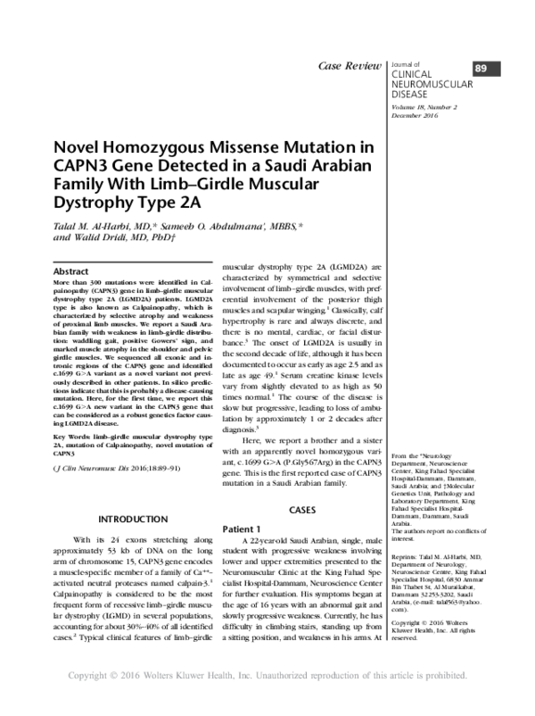 (PDF) Novel Homozygous Missense Mutation in CAPN3 Gene Detected in a ...