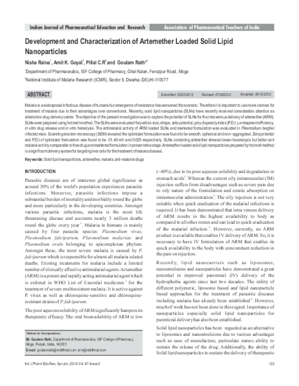 (PDF) Development and Characterization of Artemether Loaded Solid Lipid ...