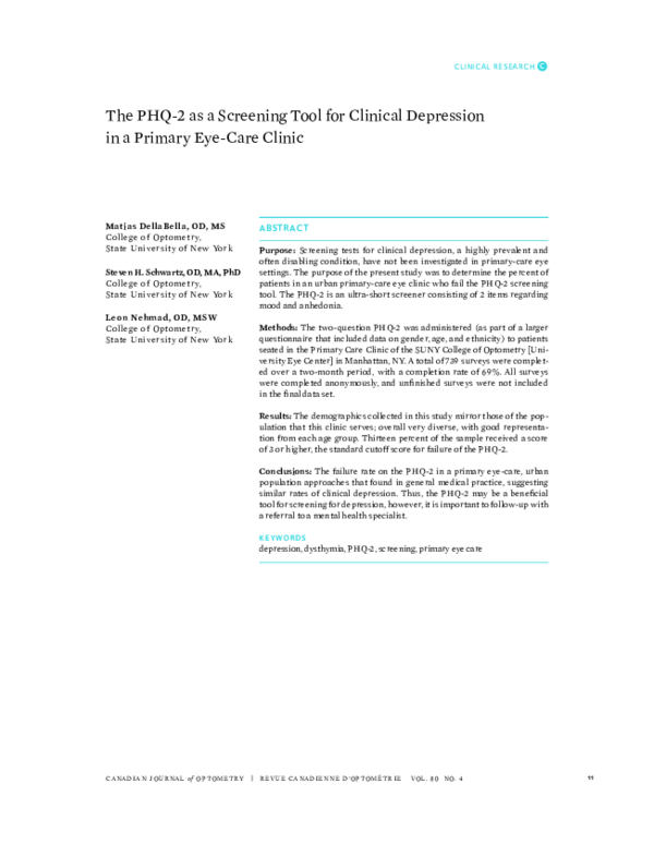 (PDF) The PHQ2 as a Screening Tool for Clinical Depression in a