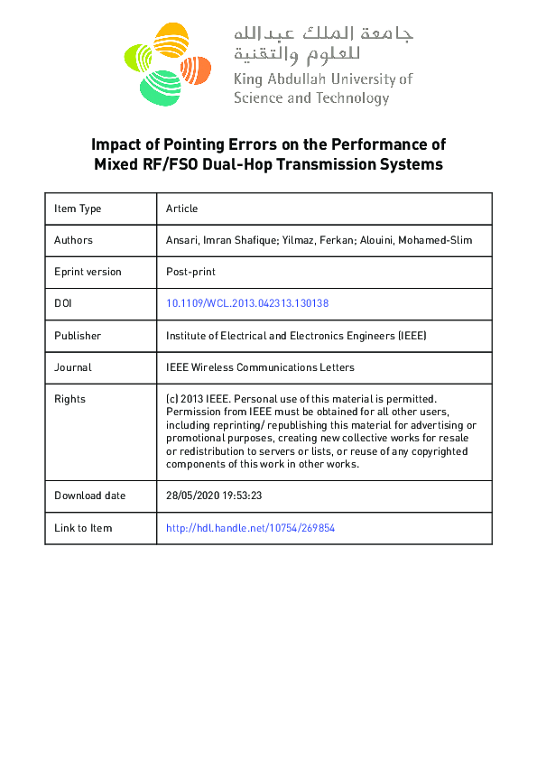 (PDF) Impact of pointing errors on the performance of mixed RF/FSO dual ...