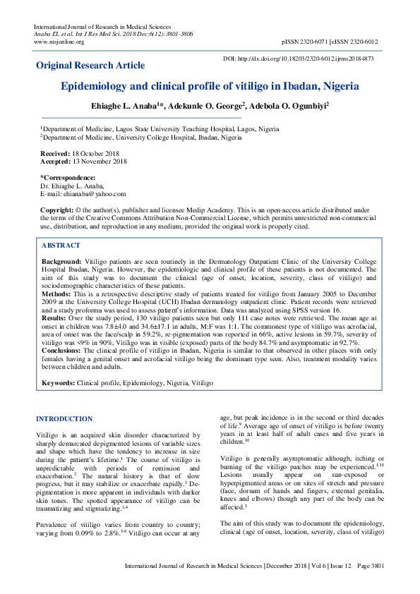 (PDF) Epidemiology and clinical profile of vitiligo in Ibadan, Nigeria