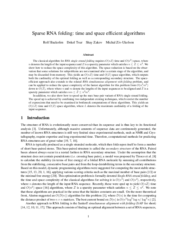 (PDF) Sparse RNA folding: Time and space efficient algorithms