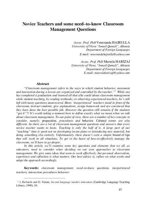 (PDF) Novice Teachers and some need–to-know Classroom Management Questions