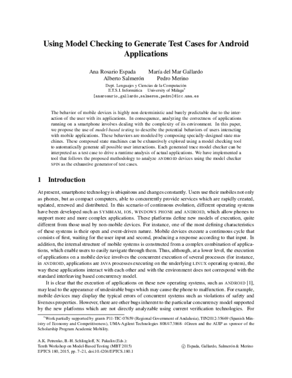 (PDF) Using Model Checking to Generate Test Cases for Android Applications