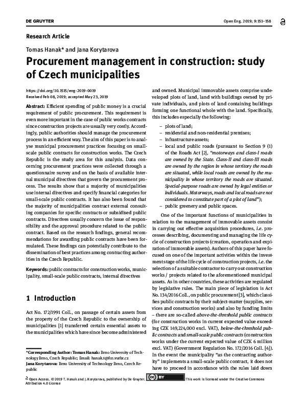 (PDF) Procurement management in construction: study of Czech municipalities