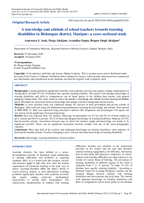 (PDF) A knowledge and attitude of school teachers towards learning ...
