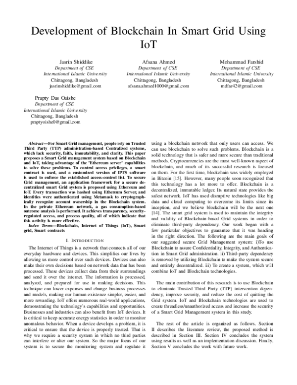 (PDF) Development of Blockchain In Smart Grid Using IoT