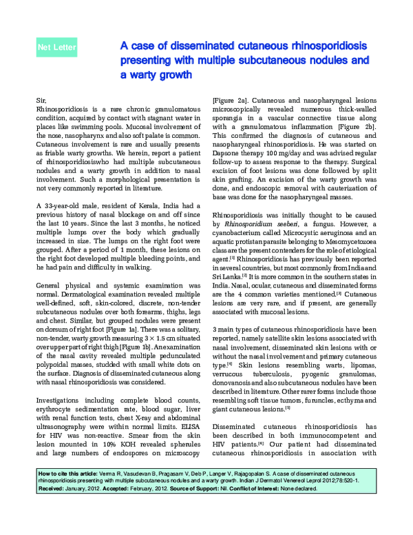 (PDF) A case of disseminated cutaneous rhinosporidiosis presenting with ...