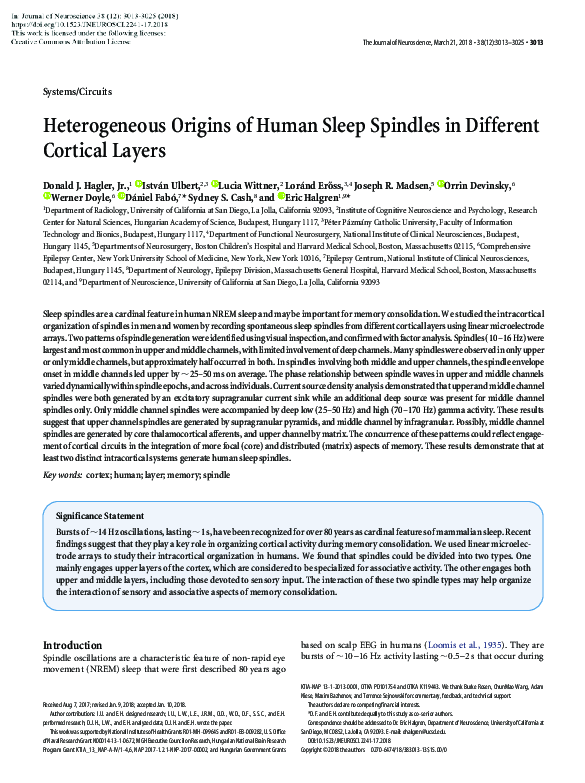 (PDF) Heterogeneous Origins of Human Sleep Spindles in Different ...